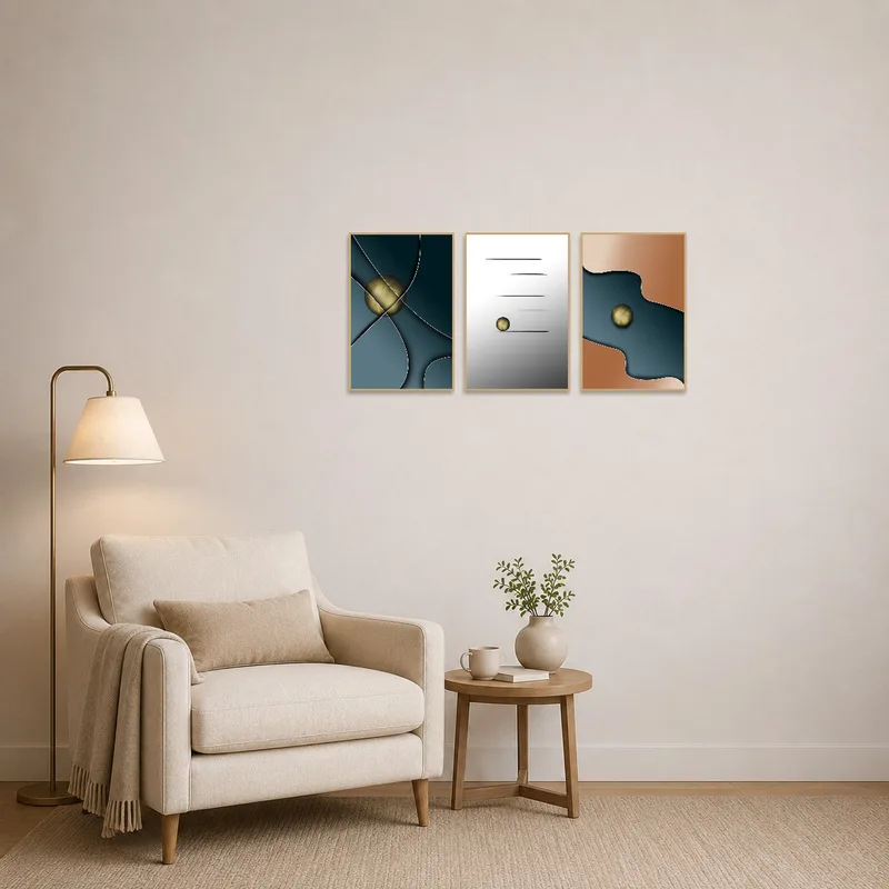 Geometric abstraction triptych in teal and ochre adds a vibrant touch to a cozy reading corner.