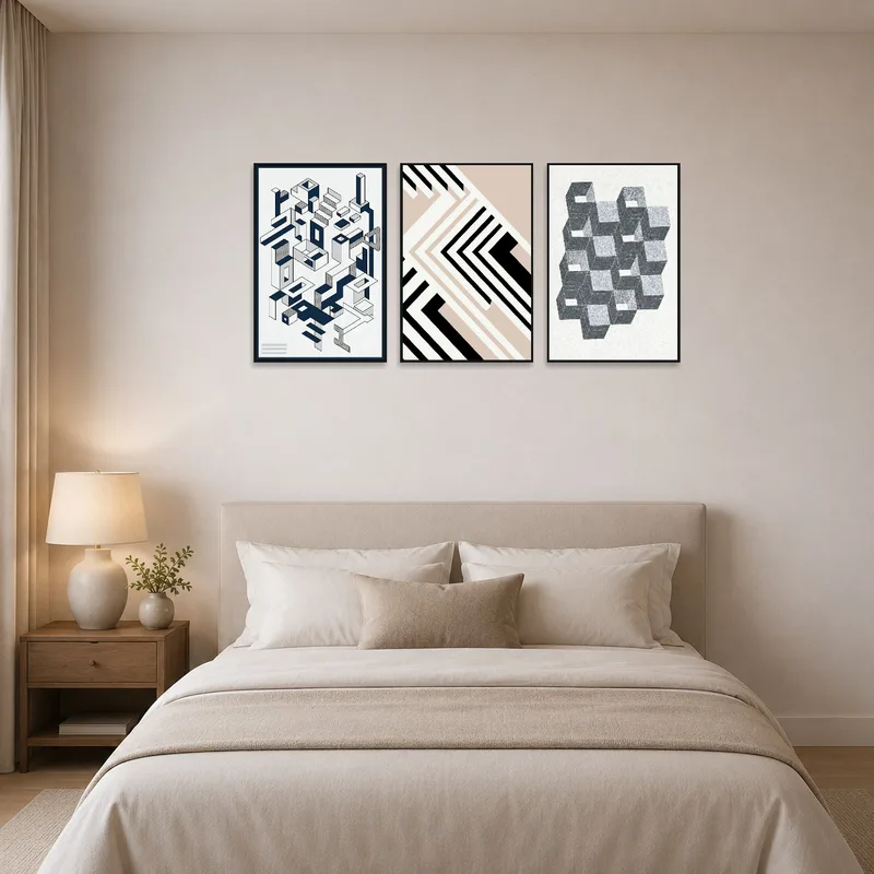 Geometric triptych set creates a soothing backdrop above a bed in a calm bedroom.