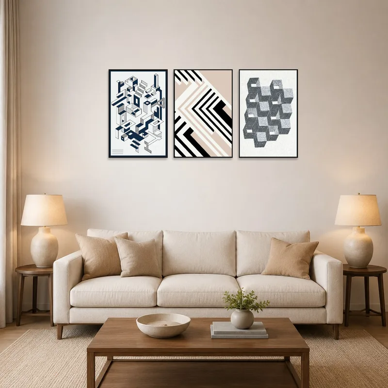 Monochrome geometric triptych hangs above a modern sofa in a chic living room.