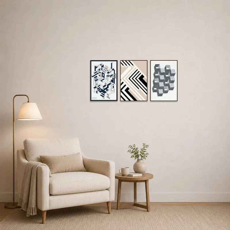 The geometric triptych adds intrigue to a serene reading corner with a cozy chair.