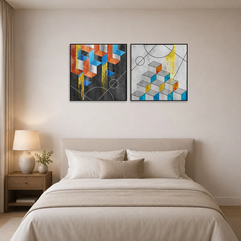 Geometric cube art adds a pop of color to the bedroom wall.
