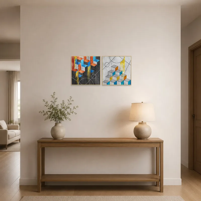 Colorful geometric artwork enhances the entrance hall with dynamic shapes.