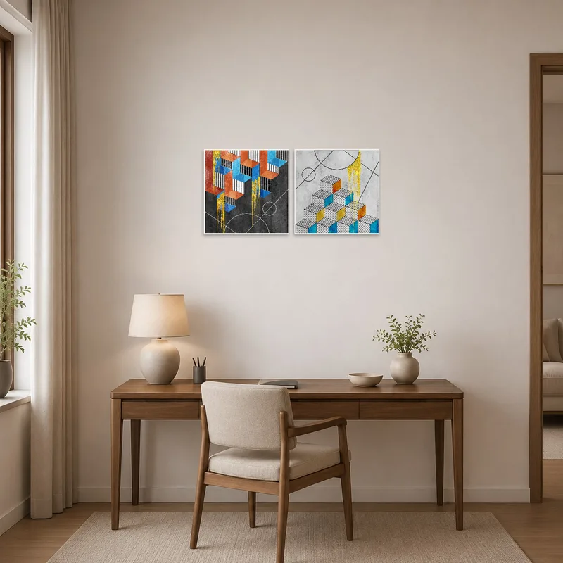 Colorful geometric cubes spark creativity in a contemporary home office.