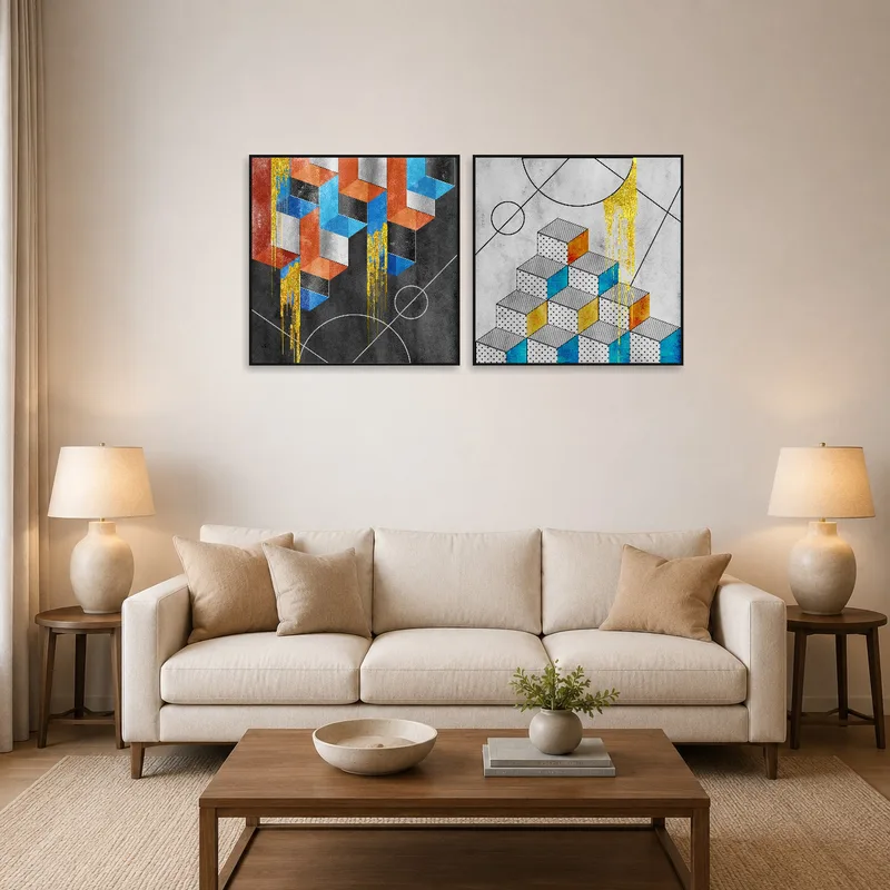 Geometric artwork with colorful cubes displayed above a modern living room sofa.