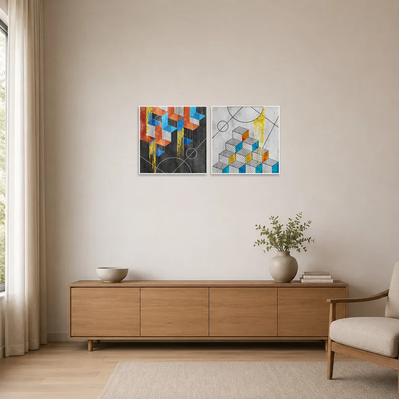 Vibrant cube series piece adds bold color to a minimalist room setting.