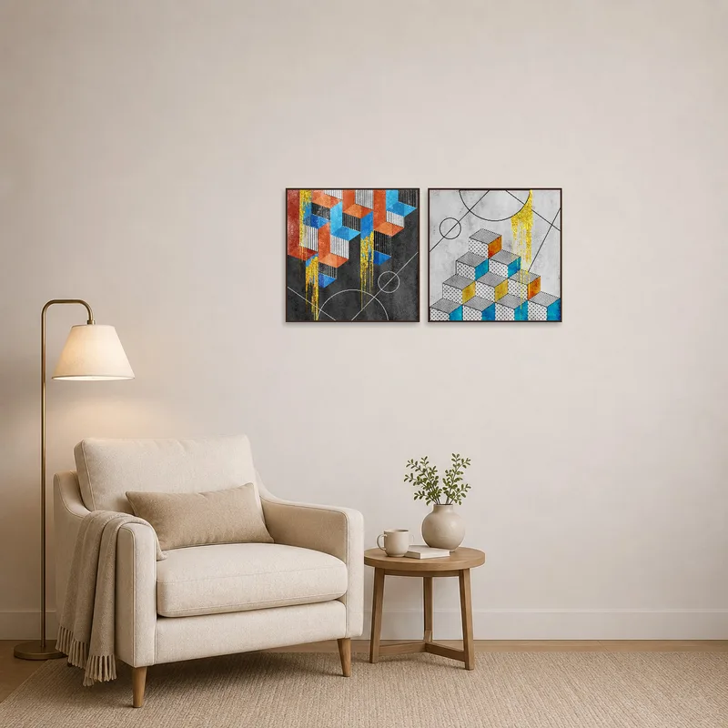 Vibrant cube series artwork brings energy to a cozy reading corner.
