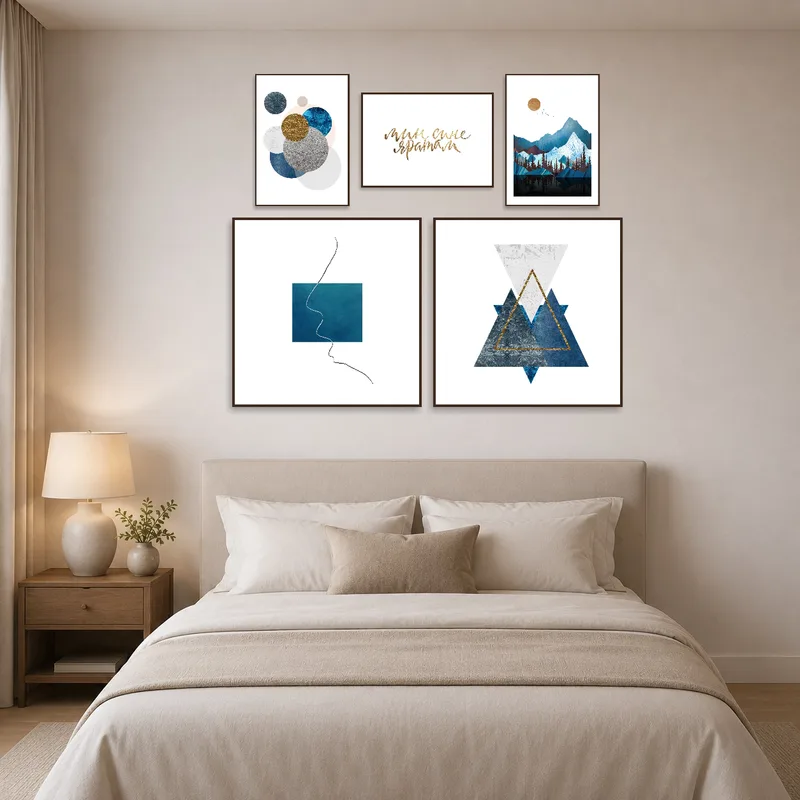 Elegant art set complements the serene atmosphere of a bedroom.