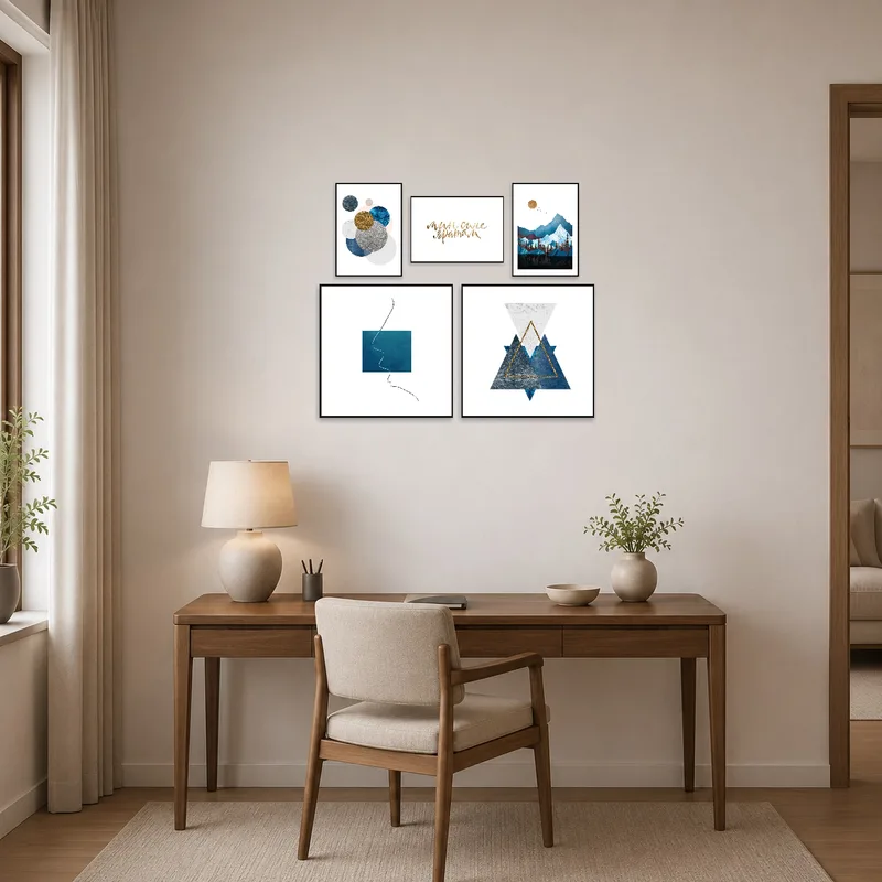Geometric art in blue and gold adds style to an organized home office.