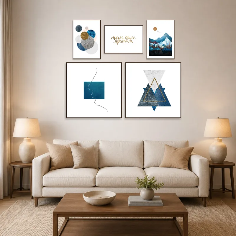 Geometric and textural art set hung above a modern sofa in a living room.