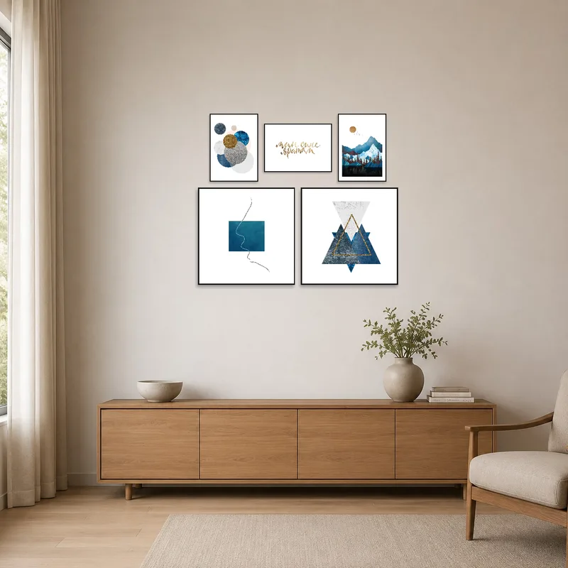 Geometric art pieces in blue and gold adorn a minimalist white wall.