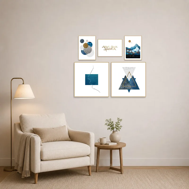 Blue and gold geometric art enhancing the cozy ambiance of a reading corner.