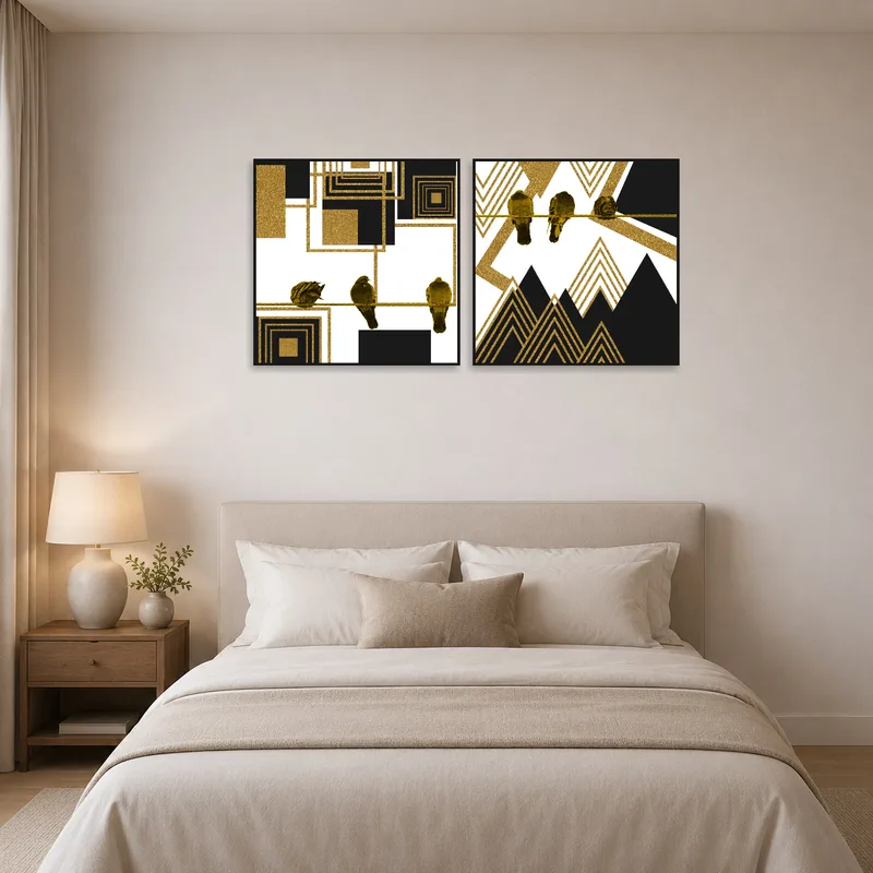 Bedroom scene featuring geometric bird art set, complementing the soothing ambiance.