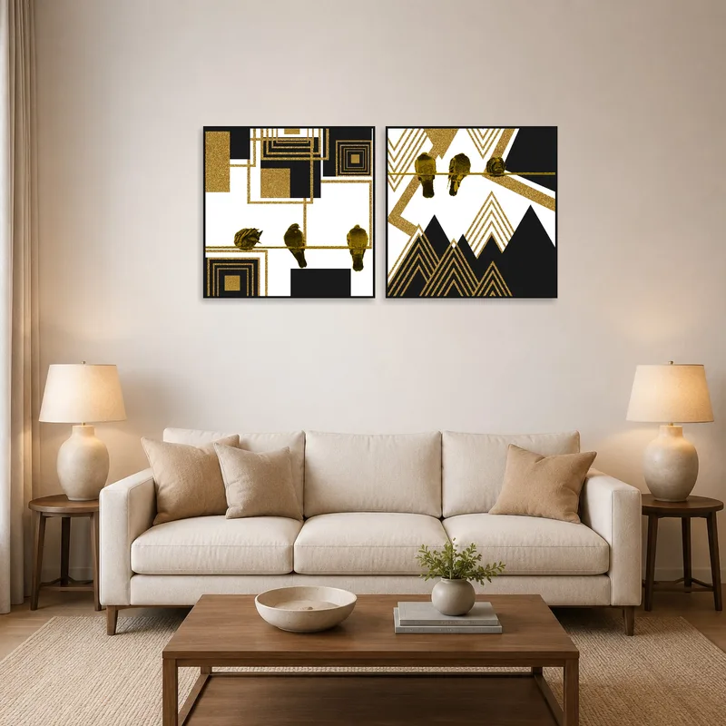 Gold and black geometric bird art set displayed in a cozy living room with modern decor.