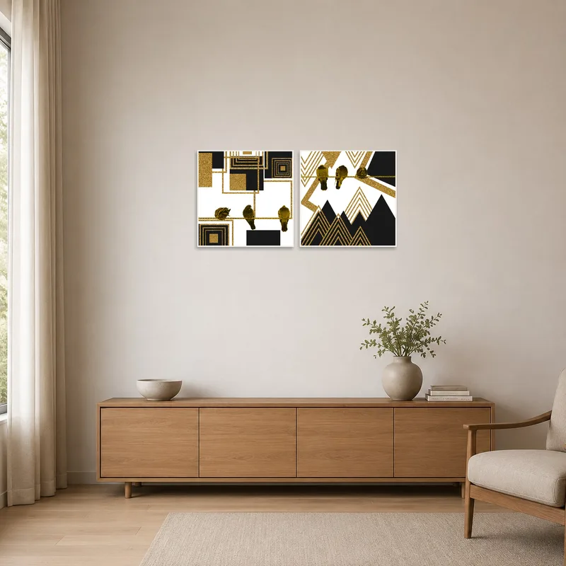 Simple room with geometric bird art set adding a stylish touch against a white wall.