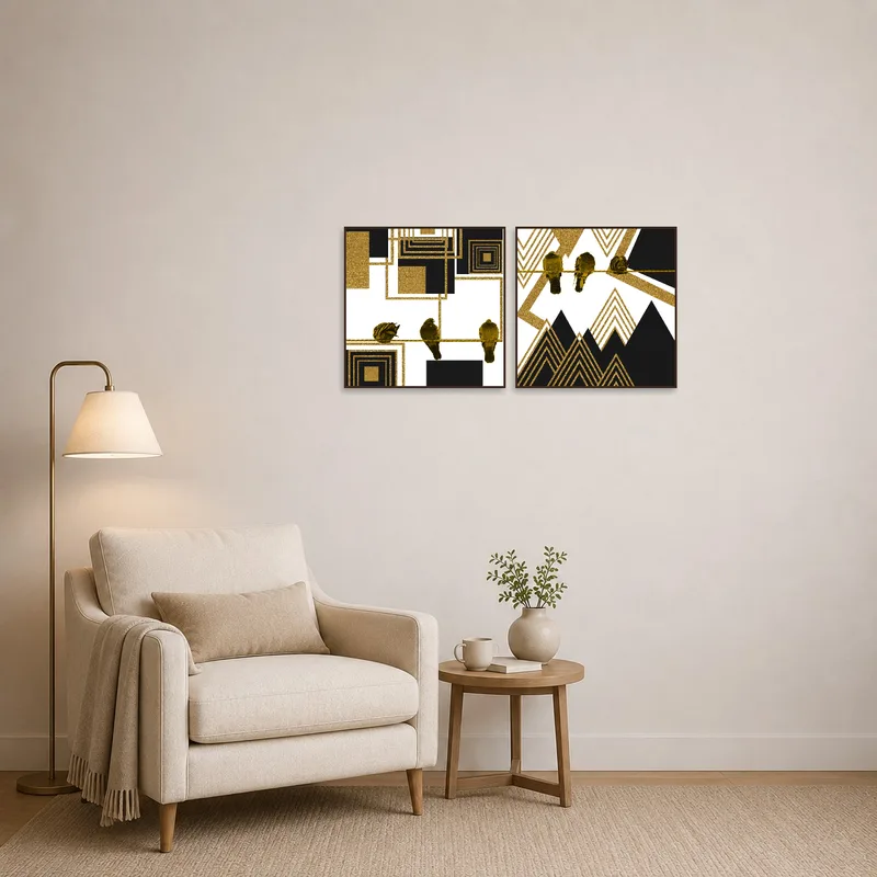 Reading nook with comfy chair and geometric bird art set enhancing the peaceful corner.