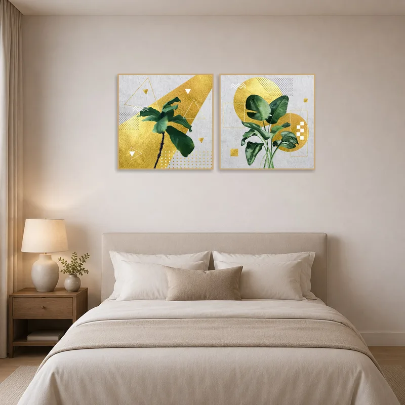 A bedroom adorned with a geometric botanical art set with gold accents on display.