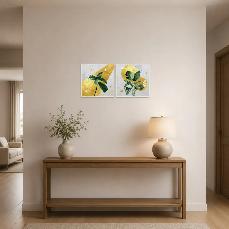 An entrance hall showcasing a geometric botanical art set with gold accents.
