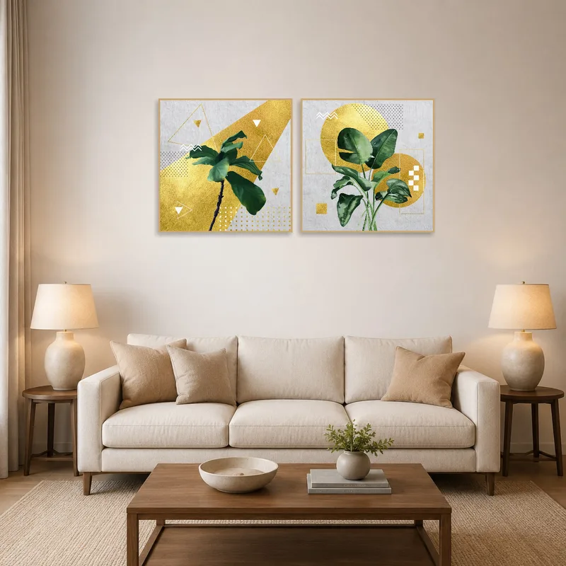 A living room with a geometric botanical art set with gold accents on the wall.