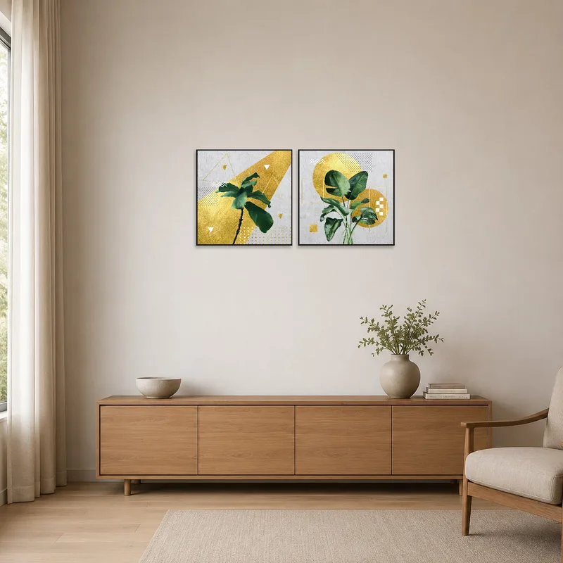 A minimalist room featuring geometric botanical art set with gold accents.