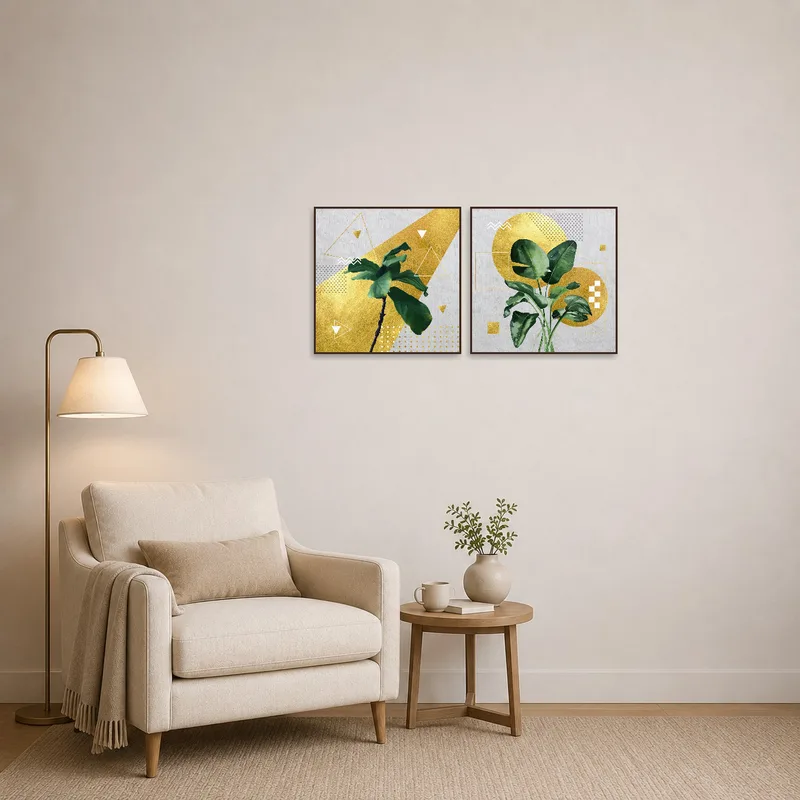 A reading corner complemented by a geometric botanical art set with gold accents.