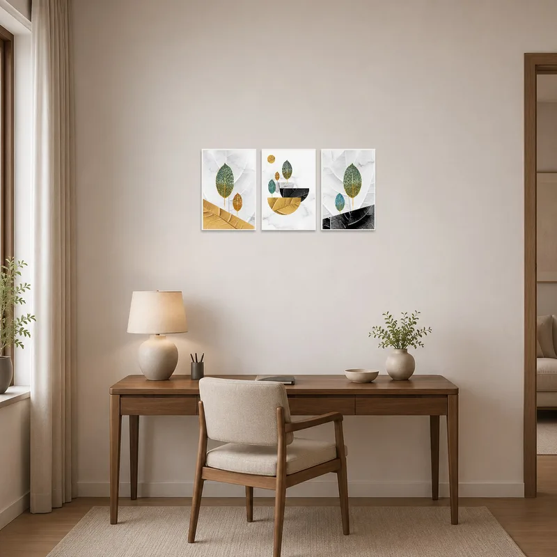 Leaf-accented geometric artworks on the wall of a modern home office with a sleek desk.