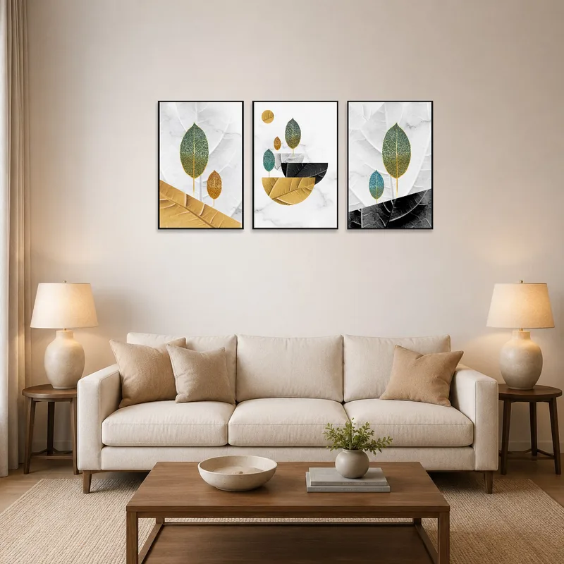 Triptych of geometric botanical art on a living room wall above a modern gray sofa.