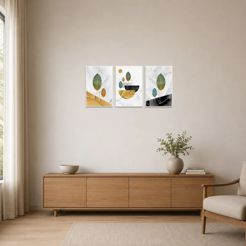 Geometric botanical art on a stark white wall in a minimalist space with sparse furnishings.
