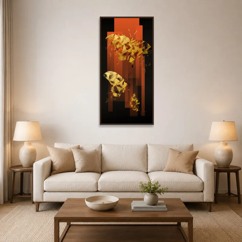 A vibrant geometric butterfly design on display above a modern living room sofa.