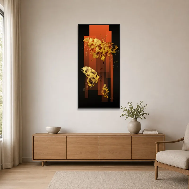 Geometric butterfly artwork adding color to a sleek, minimalist room.
