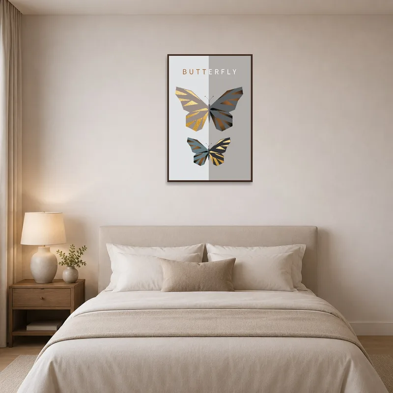 A graceful butterfly art piece complements the serene bedroom.
