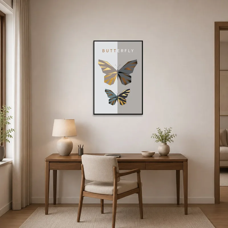 Inspires creativity in the home office with geometric butterfly design.
