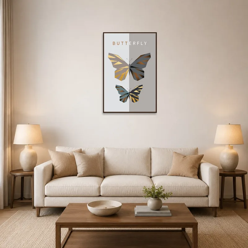 The art print adds vibrant elegance above a modern living room sofa.