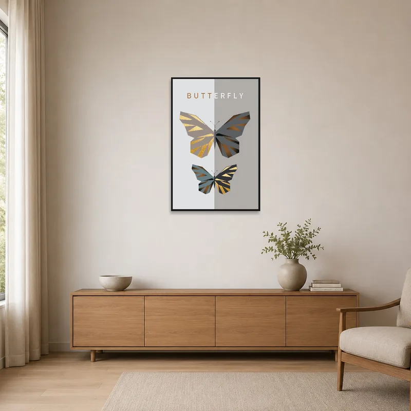 A sleek butterfly print enhances the minimalist room’s clean lines.