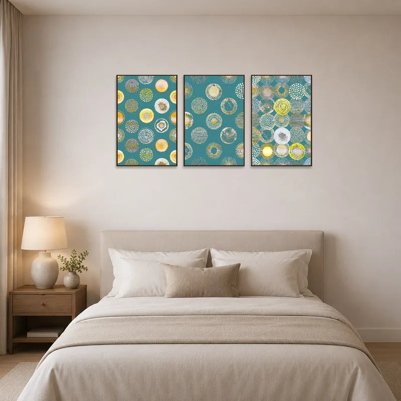 Geometric teal and gold triptych adds a calming presence in the bedroom.