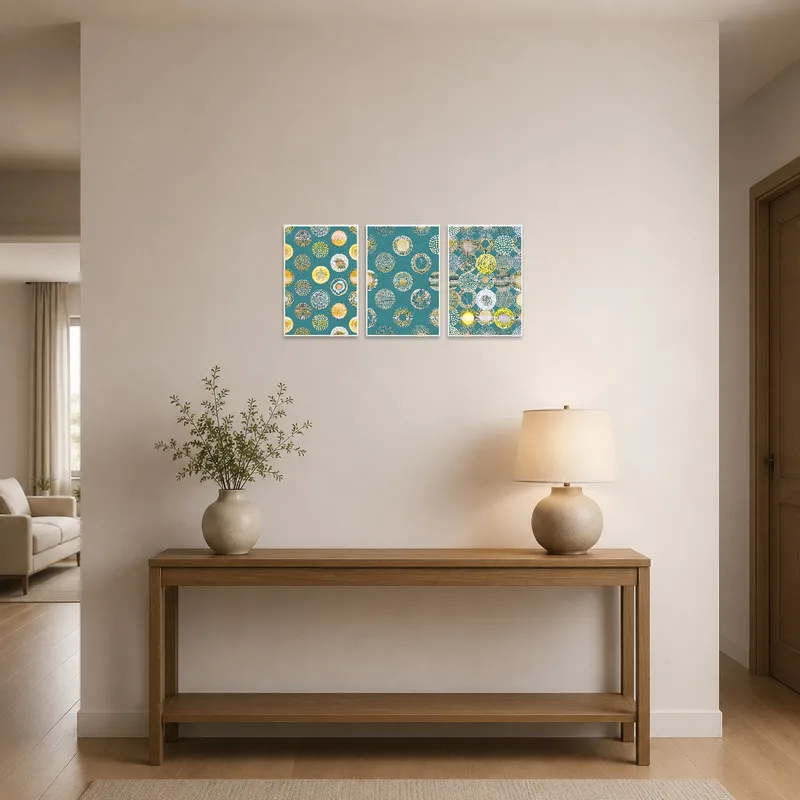 Stylish geometric artwork in teal and gold welcomes guests in the entrance hall.