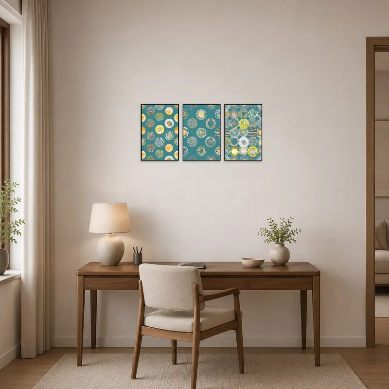 Teal and gold circle art enhances the creativity in a home office.