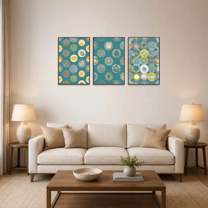 A triptych of teal and gold circles adds vibrancy above a couch in the living room.