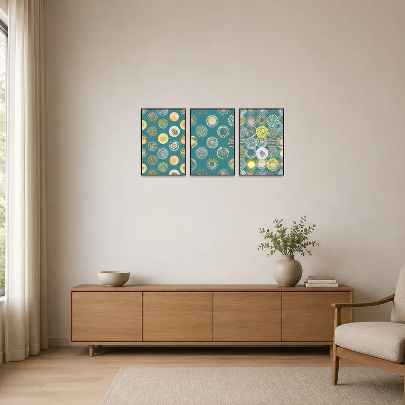 Teal and gold circle artwork brings subtle elegance to a minimalist space.