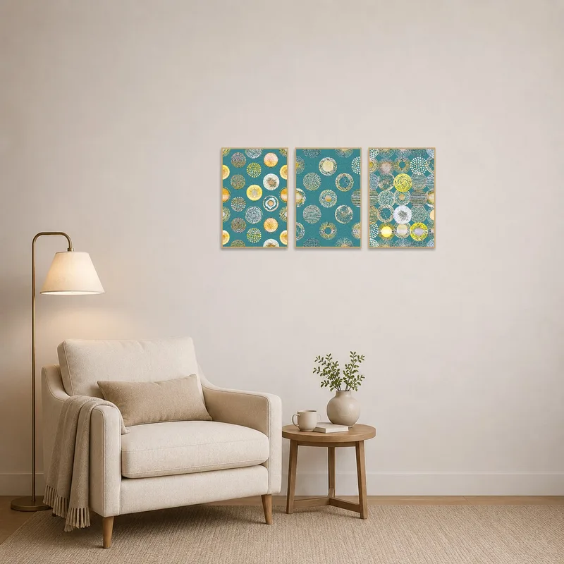 Teal and gold circles bring a modern touch to a cozy reading corner.