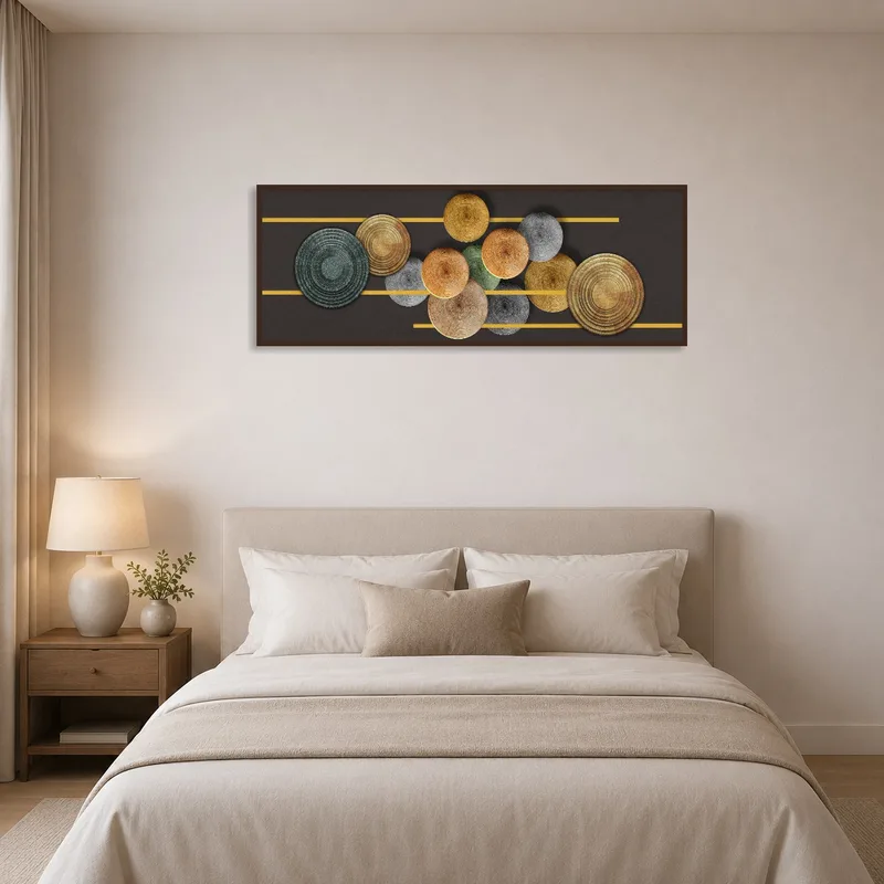 Art print of earthy-toned circles creating a calming atmosphere above a bed.