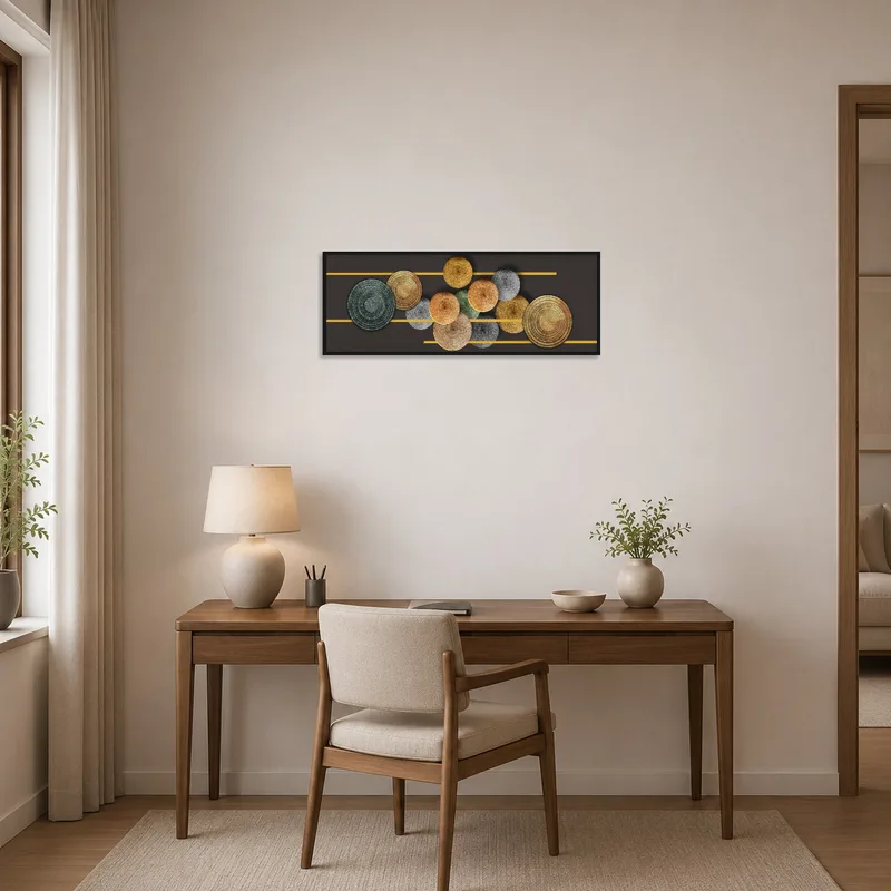 Geometric art print with earthy tones inspiring creativity in a stylish home office.