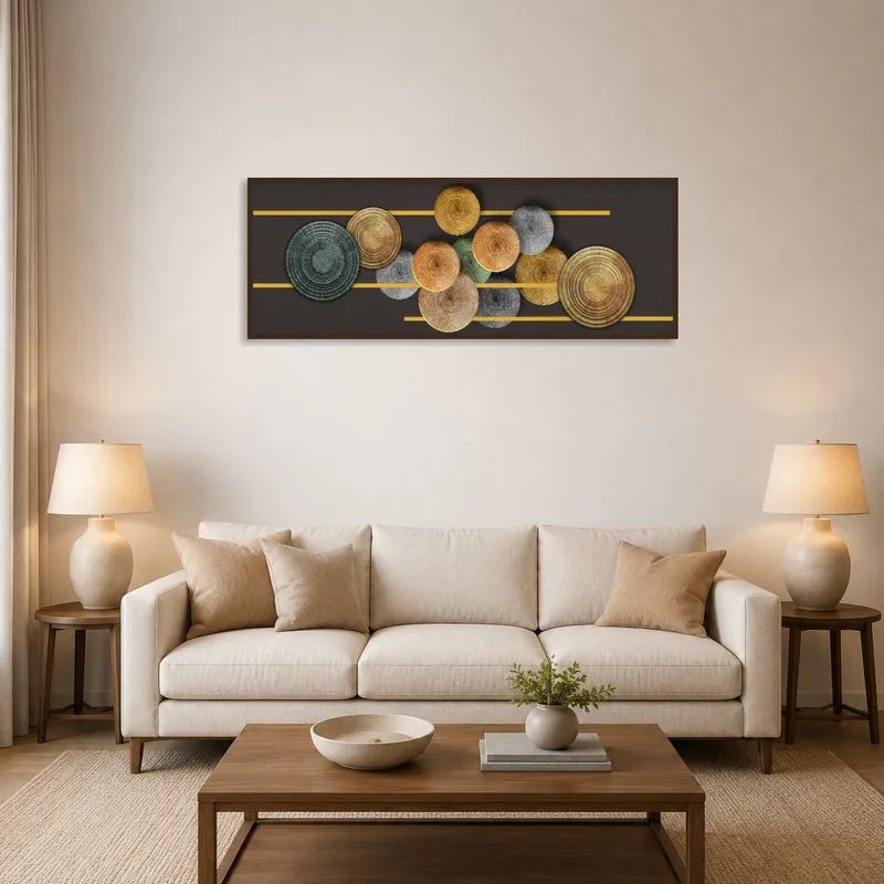 Art print of geometric earthy-toned circles above a modern sofa in a cozy living room.