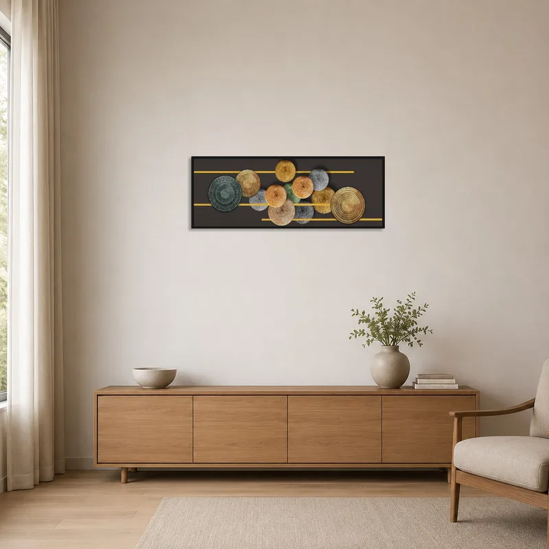 Earthy-toned circles art print adding warmth to a minimalist room with sleek furniture.