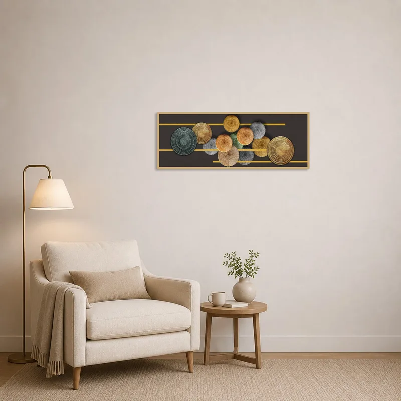 Earthy-tone geometric circles art print enriching a tranquil reading corner with soft lighting.