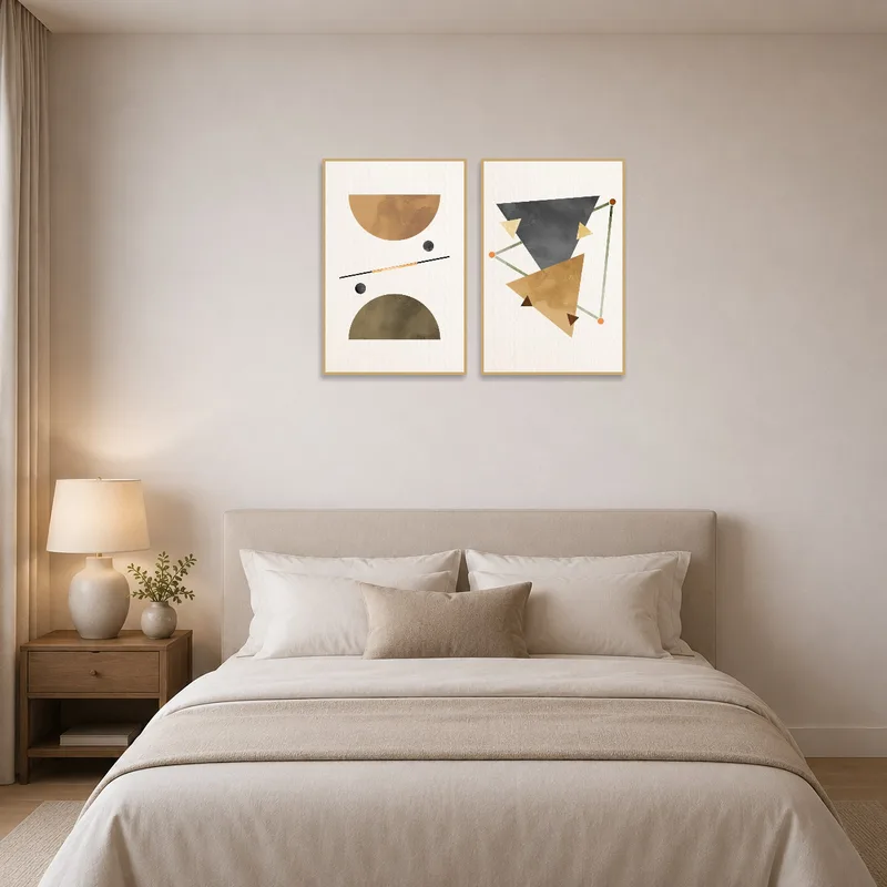 Bedroom accent wall featuring the earthy tones geometric art set.