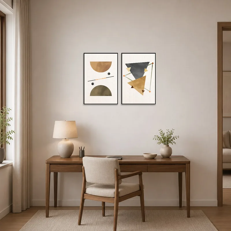 Home-office with geometric earth-toned art set adding a creative touch.