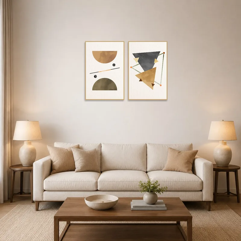 Geometric earthy tones art set displayed above a modern sofa.
