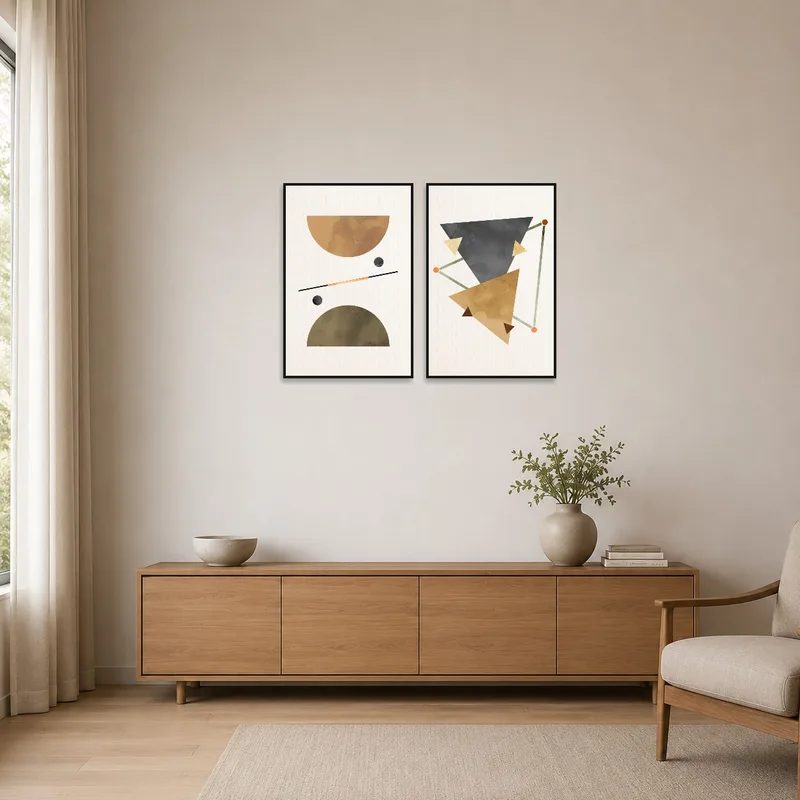 Minimalist room with earthy geometric art set on a white wall.