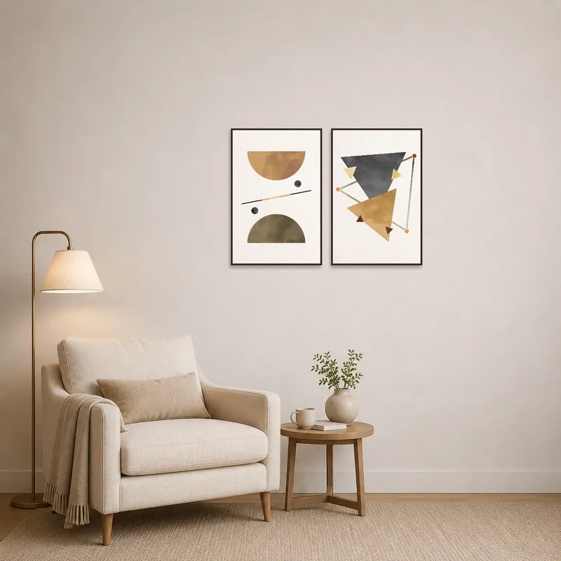 Cozy reading corner with geometric art set in calming earth tones.