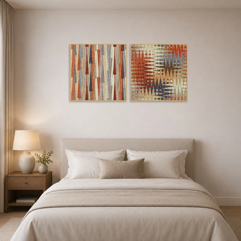 Abstract earth tones art set creating tranquility in a bedroom.